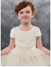 Cap Sleeve Champagne Lace Tulle Tea Length Corset Back Flower Girl Dress